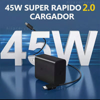 Cargador USB-C 45W Carga Rápida Android / ios con Cable 1m
